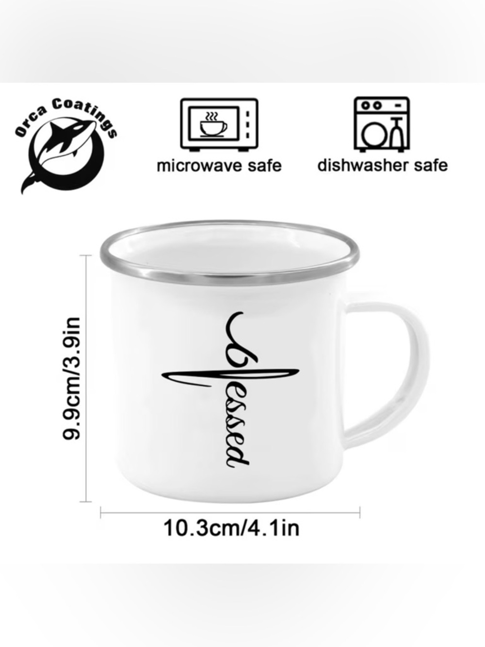 Coffee Mug 12 oz 'Blessed' Mug White Enamel Over Stainless Steel NIB - Picture 3 of 5